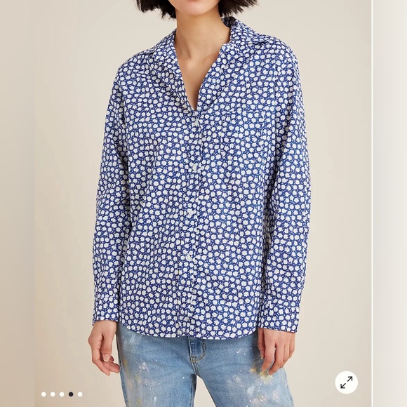 ANTHROPOLOGIE Blue and White Long Sleeve Button Down Shirt with Notched Collar - Picture 3 of 10